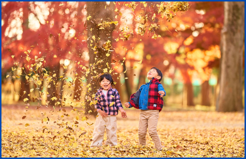 Two happy young children playing and laughing while throwing red and yellow autumn leaves into the air, illustrating Inspiring Quotes About Play in Early Childhood.