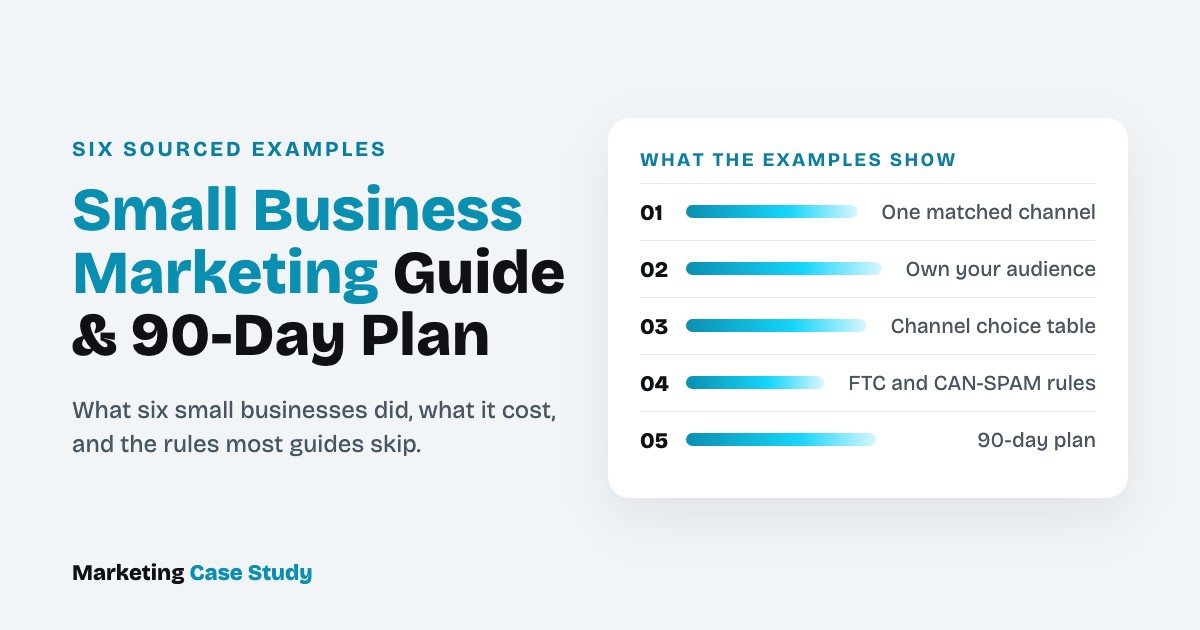 Small business marketing guide with six sourced examples and a 90-day plan